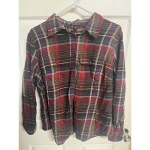 Lauren Ralph Lauren Womens 1X Plaid Flannel Button-Up Shirt Red Green